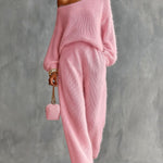 ElevenOra Chic Elegant Pink One-Shoulder Long-Lantern-Sleeve Sweater Wide-Leg Pants Loose-Fit Soft Mohair Blend Knit Two-Piece Set