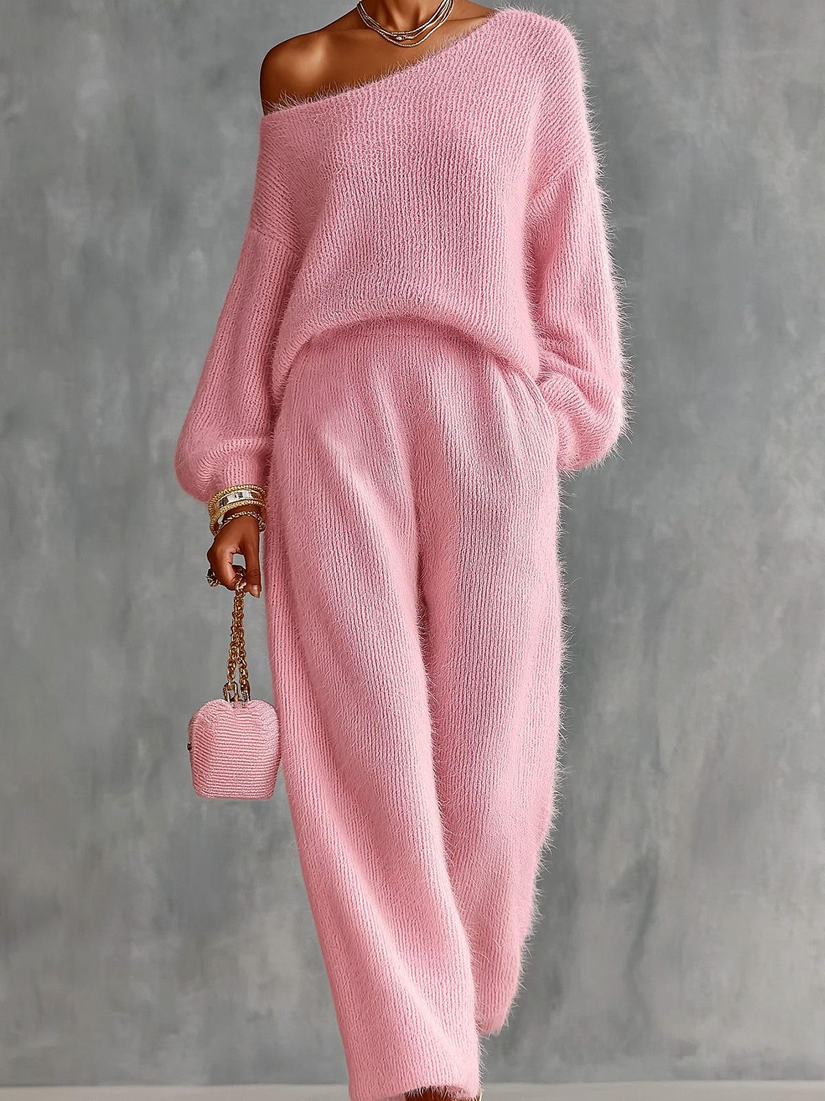 ElevenOra Chic Elegant Pink One-Shoulder Long-Lantern-Sleeve Sweater Wide-Leg Pants Loose-Fit Soft Mohair Blend Knit Two-Piece Set