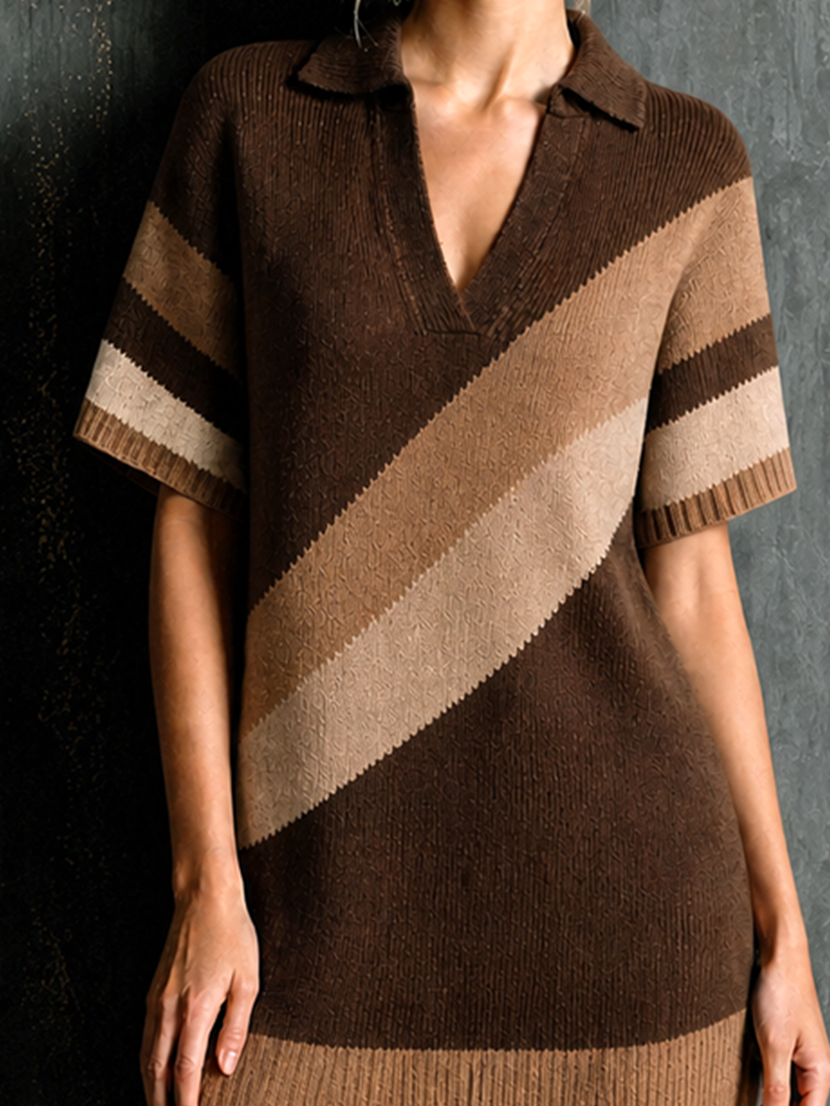 ElevenOra Chic Elegant Beige-Camel-Brown Colorblock Lapel-Collar V-Neck Short-Sleeve Loose-Fit Knit Mini Dress