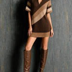 ElevenOra Chic Elegant Beige-Camel-Brown Colorblock Lapel-Collar V-Neck Short-Sleeve Loose-Fit Knit Mini Dress