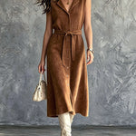 ElevenOra Chic Elegant Brown Faux Suede Peak-Lapel Sleeveless Single-Breasted Tie-Waist A-Line Loose-Fit Midi Dress