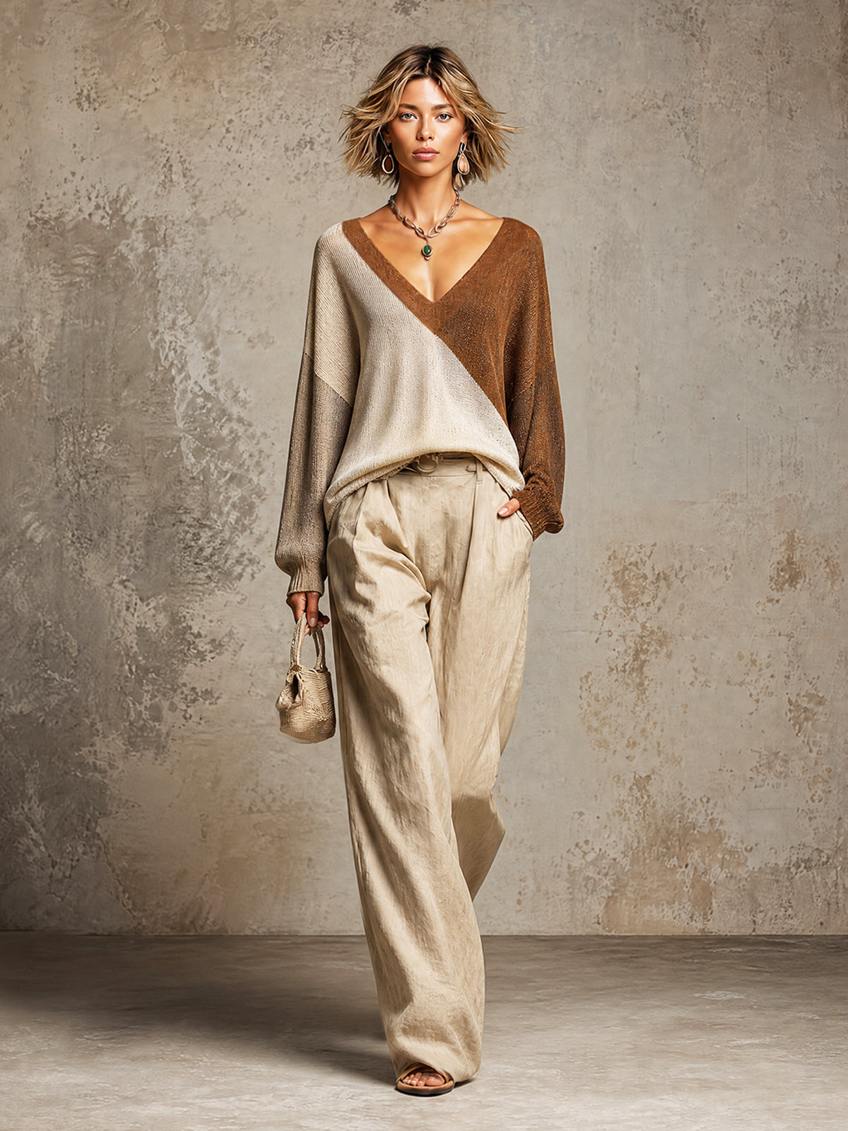 ElevenOra Chic Elegant Beige-Light Gray-Brown Colorblock V-Neck Long-Sleeve Loose-Fit Knit Top Beige Linen Wide-Leg Trousers Set