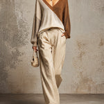ElevenOra Chic Elegant Beige-Light Gray-Brown Colorblock V-Neck Long-Sleeve Loose-Fit Knit Top Beige Linen Wide-Leg Trousers Set