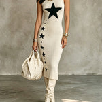 ElevenOra Chic Elegant Beige Round-Neck Sleeveless Black Stars Jacquard Slim-Fit Soft Knit Midi Dress