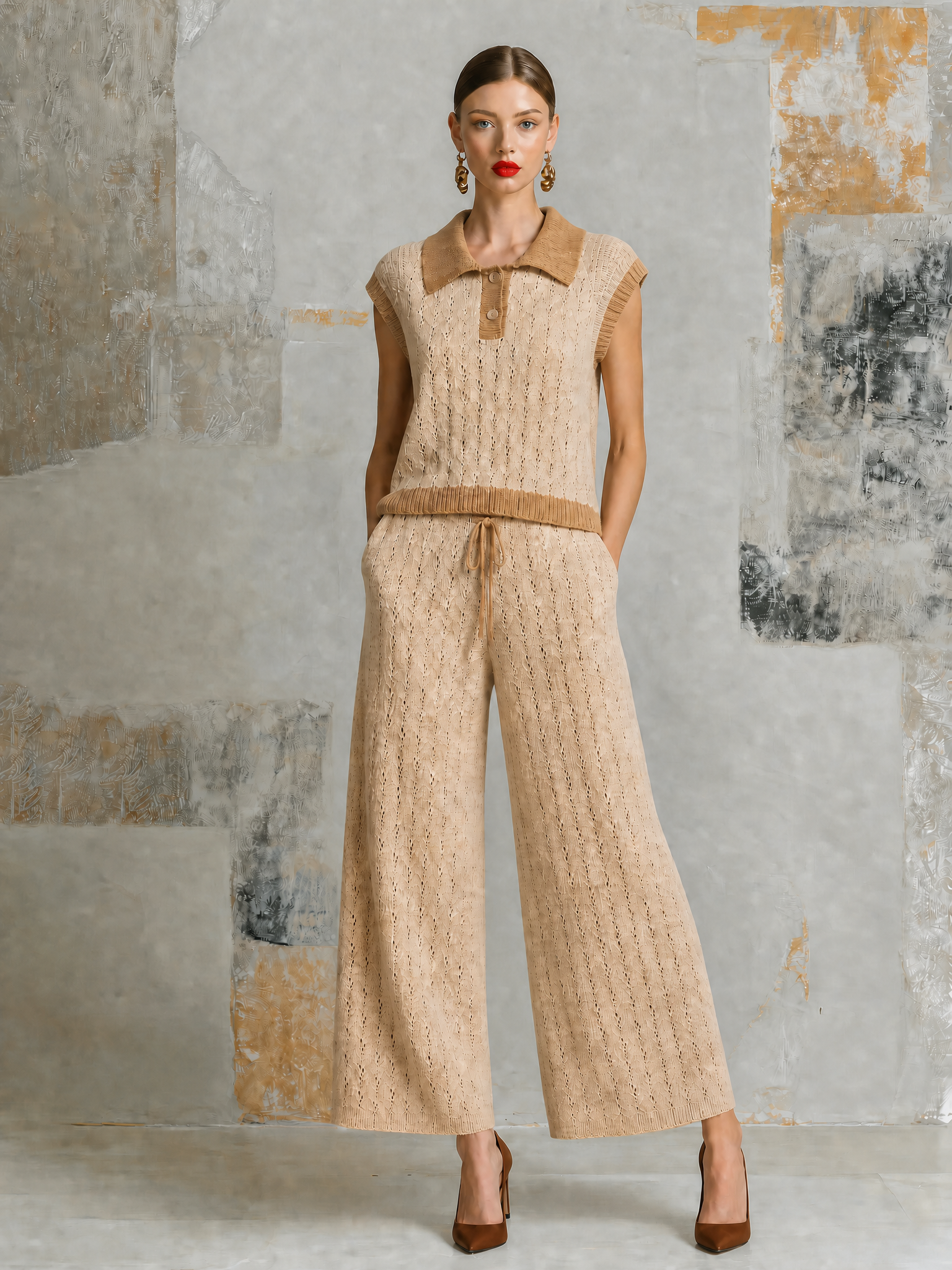 ElevenOra Chic Elegant Beige Lapel-Collar Button-Up Contrast Trim  Cap Sleeve Hollow-Out Sweater Wide-Leg Pants Knit Two-Piece Set
