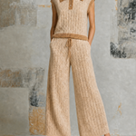 ElevenOra Chic Elegant Beige Lapel-Collar Button-Up Contrast Trim  Cap Sleeve Hollow-Out Sweater Wide-Leg Pants Knit Two-Piece Set
