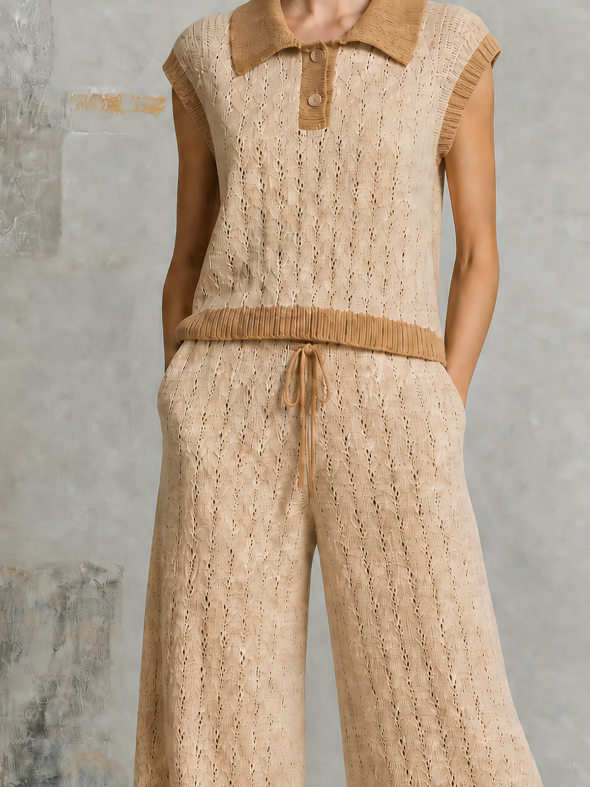 ElevenOra Chic Elegant Beige Lapel-Collar Button-Up Contrast Trim  Cap Sleeve Hollow-Out Sweater Wide-Leg Pants Knit Two-Piece Set