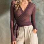 ElevenOra Chic Elegant Purple Wrap V‑Neck Side Tie Long Sleeve Slim-Fit Knit Sweater Top