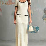 ElevenOra Chic Elegant Beige Cotton Blend U-Neck Short-Sleeve Contrast Trim Detail Patch Pocket A-Line Soft Knit Maxi Dress