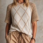 ElevenOra Casual Beige-Apricot Colorblock Round Neck Argyle Diamond Raglan  Short-Sleeve Loose Fit Mesh Knit Top