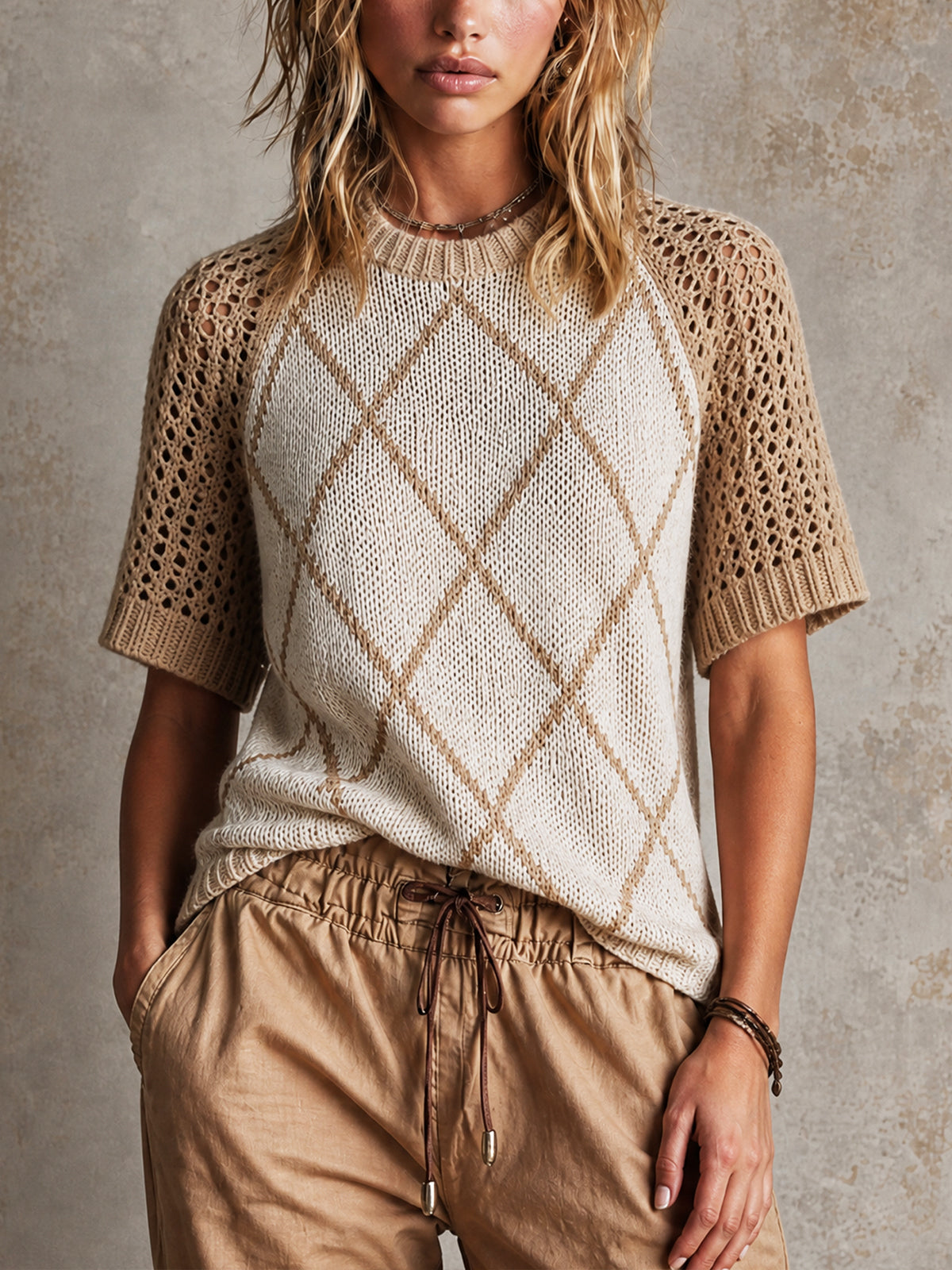 ElevenOra Casual Beige-Apricot Colorblock Round Neck Argyle Diamond Raglan  Short-Sleeve Loose Fit Mesh Knit Top