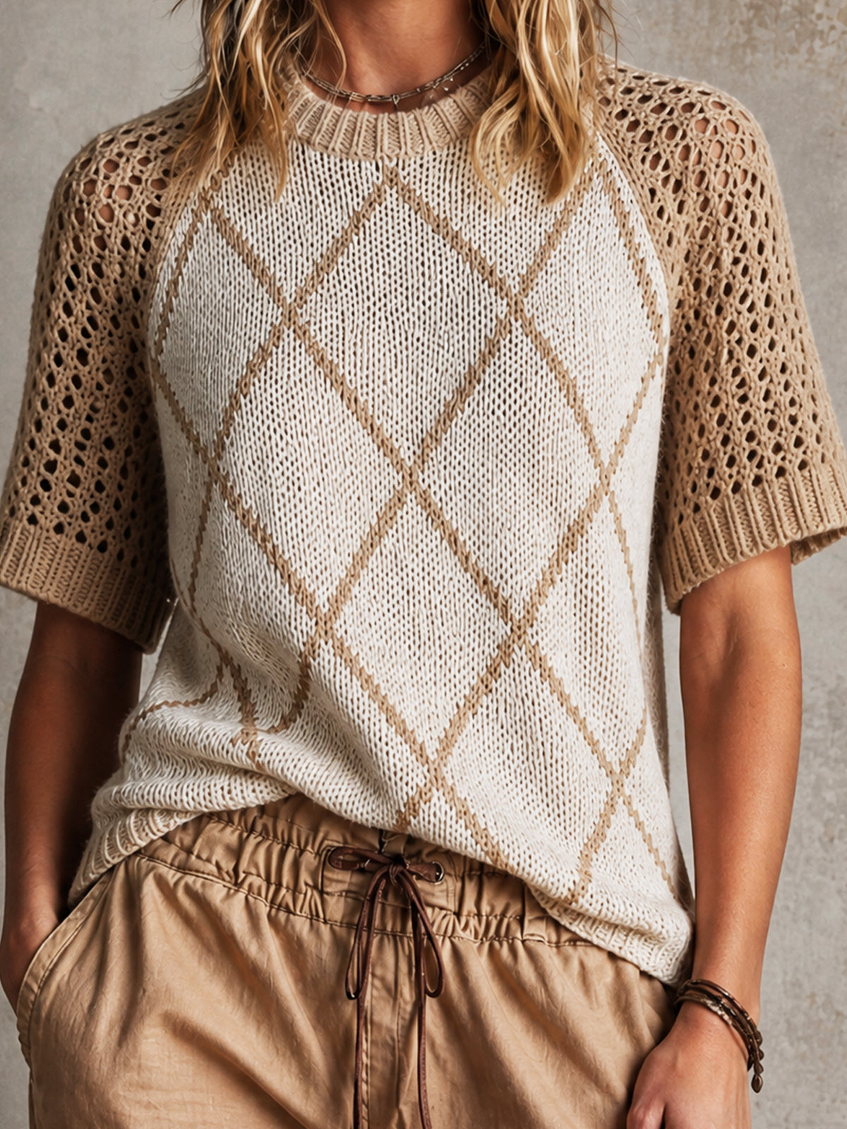 ElevenOra Casual Beige-Apricot Colorblock Round Neck Argyle Diamond Raglan  Short-Sleeve Loose Fit Mesh Knit Top