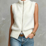 ElevenOra Chic Elegant Cream White Mohair Blend Stand-Collar Sleeveless Zipper-Placket Soft Knit Vest