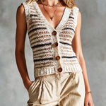 ElevenOra Chic White-Tan-Black Colorblock Striped V-Neck Single-Breasted  Sleeveless Slim-Fit Knit Vest Cardigan Top
