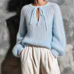 ElevenOra Chic Casual Sky Blue Round-Neck Keyhole Tie‑Up Long Sleeve Loose-Fit Mohair Knit Sweater Top