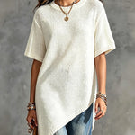 ElevenOra Chic Elegant Cream White Round-Neck Short-Sleeve Asymmetrical Hem Loose-Fit Soft Knit Sweater