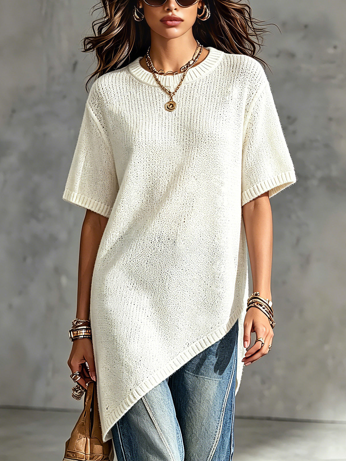 ElevenOra Chic Elegant Cream White Round-Neck Short-Sleeve Asymmetrical Hem Loose-Fit Soft Knit Sweater