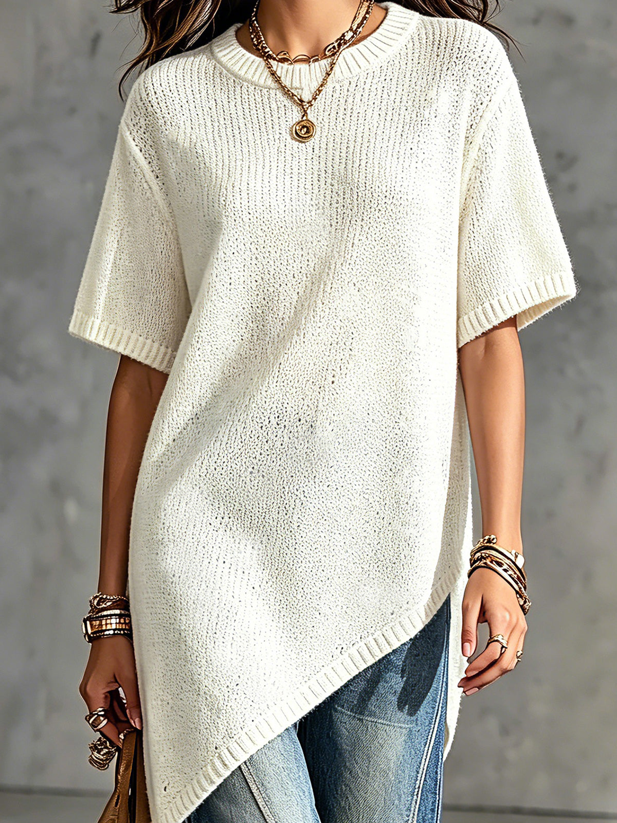ElevenOra Chic Elegant Cream White Round-Neck Short-Sleeve Asymmetrical Hem Loose-Fit Soft Knit Sweater