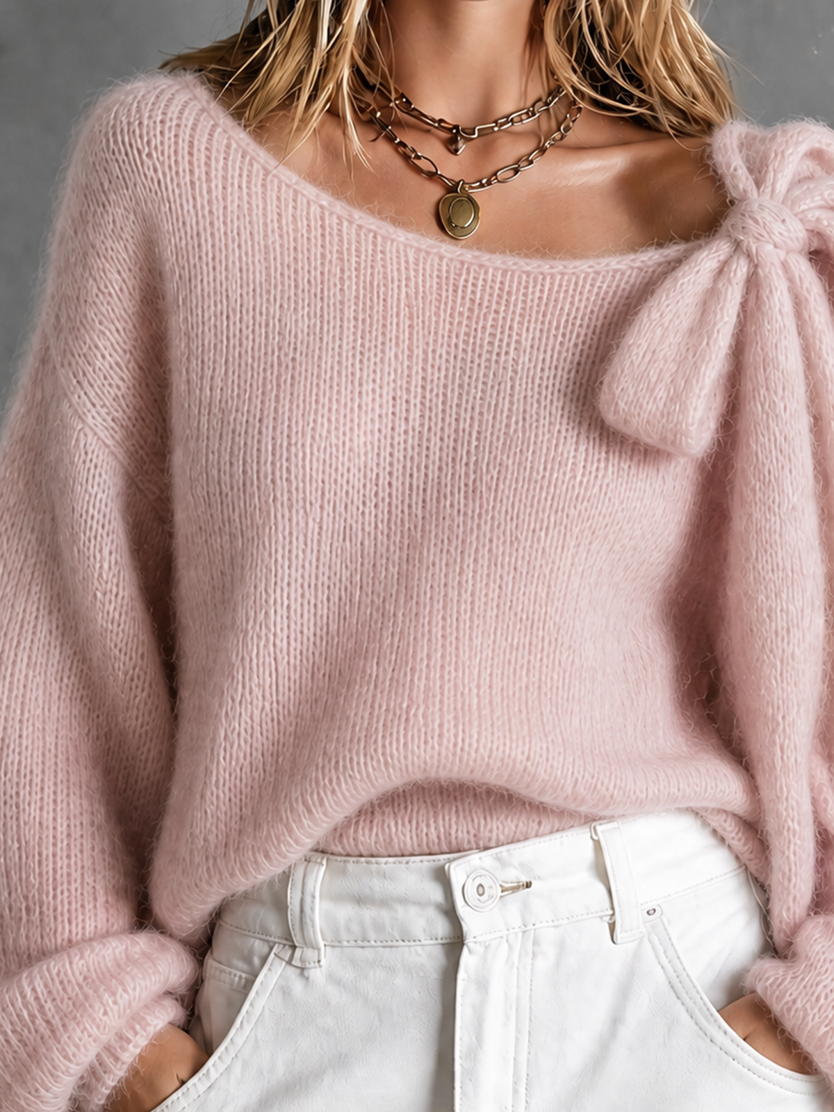 ElevenOra Chic Casual Dusty Pink Boat Off‑Shoulder Neck Bow Details Long Sleeve Loose-Fit Knit Sweater Top
