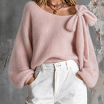 ElevenOra Chic Casual Dusty Pink Boat Off‑Shoulder Neck Bow Details Long Sleeve Loose-Fit Knit Sweater Top