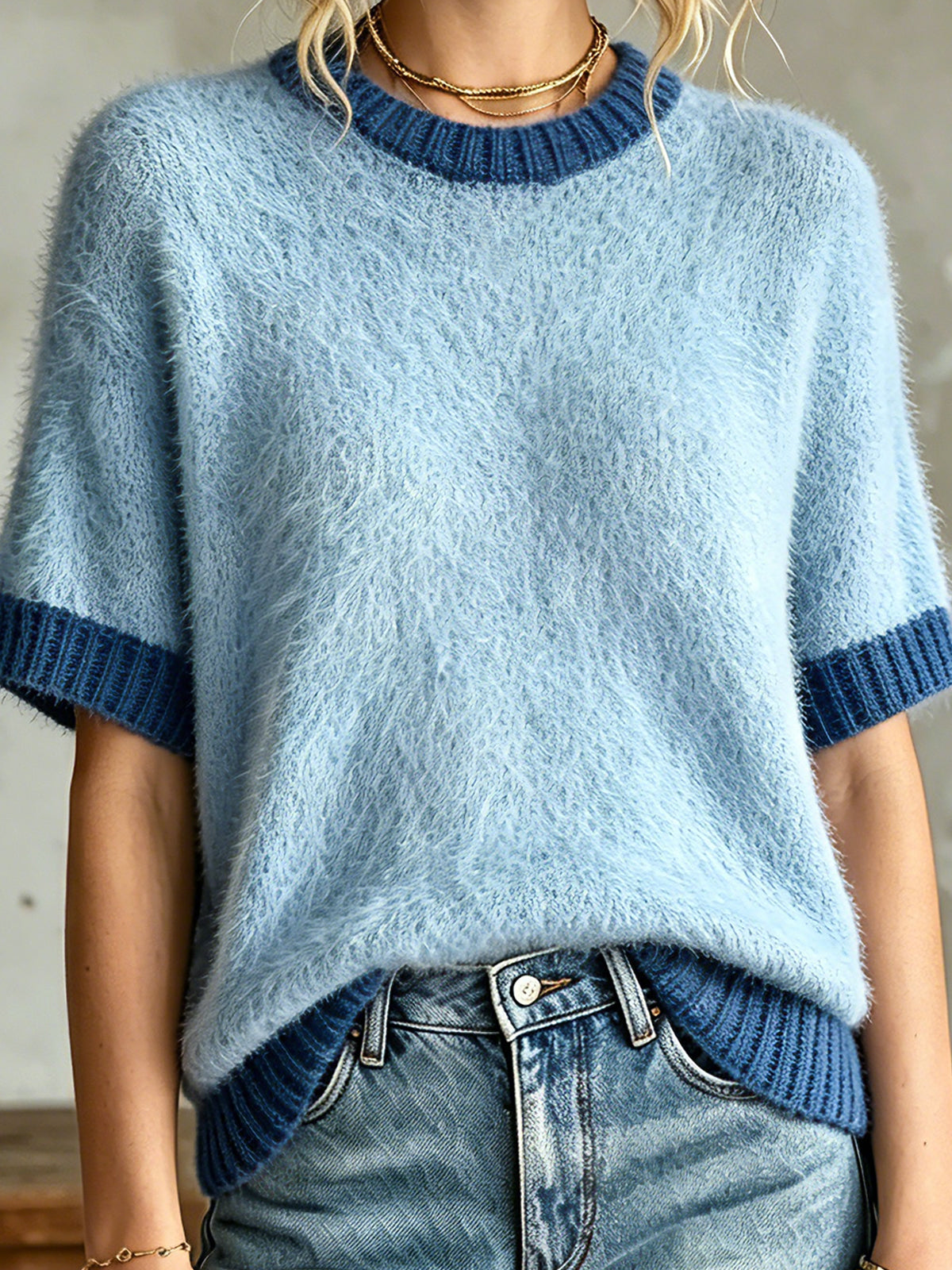ElevenOra Chic Elegant Colorblock Mohair Blend Round-Neck Dropped Shoulder Short-Sleeve Loose-Fit Soft Knit Sweater