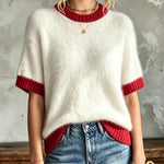 ElevenOra Chic Elegant Colorblock Mohair Blend Round-Neck Dropped Shoulder Short-Sleeve Loose-Fit Soft Knit Sweater