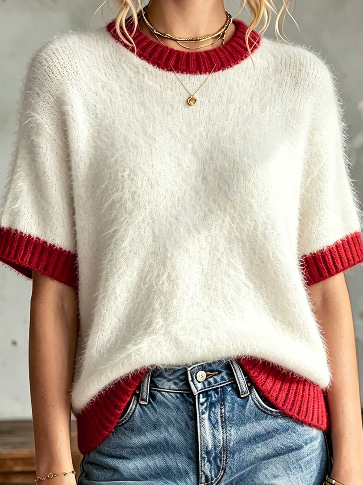 ElevenOra Chic Elegant Colorblock Mohair Blend Round-Neck Dropped Shoulder Short-Sleeve Loose-Fit Soft Knit Sweater