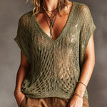ElevenOra Casual Olive Green V-Neck Short Sleeve Loose-Fit Mesh Knit Sweater Top