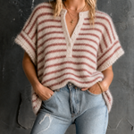 ElevenOra Chic Casual Off‑White-Dusty Brown Stripe Henley Half‑Button Short-Sleeve Loose-Fit Knit Sweater Top