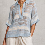 ElevenOra Chic Light Blue-Cream Colorblock Striped Colorblock Polo Neck Short Sleeve Loose-Fit Mesh Knit Sweater Top