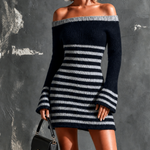 ElevenOra Chic Elegant Navy Blue-Grey Stripe Off‑the‑Shoulder Long Flare Sleeves Slim-Fit Knit Mini Dress