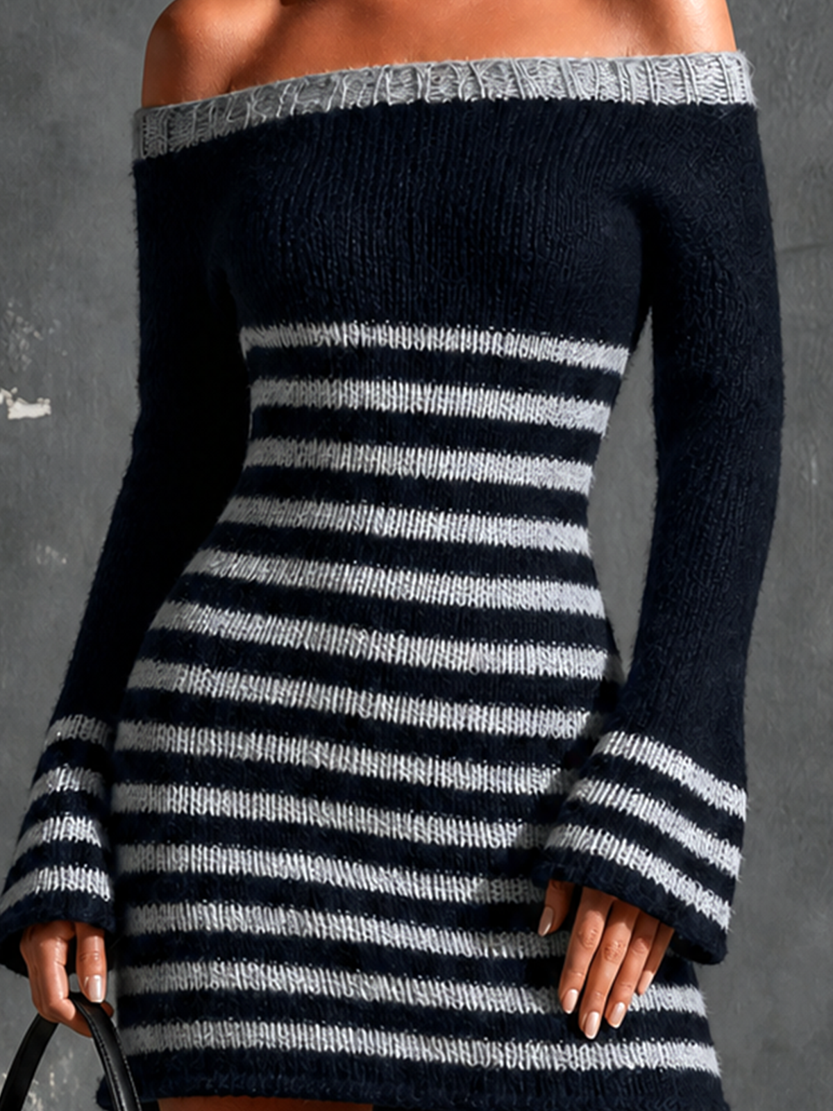 ElevenOra Chic Elegant Navy Blue-Grey Stripe Off‑the‑Shoulder Long Flare Sleeves Slim-Fit Knit Mini Dress