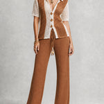 ElevenOra Chic White-Caramel Colorblock Lapel Short Sleeve Single Breasted Cardigan Top Straight-leg Pants Bead Details Regular-Fit  Knit Two-Piece Set