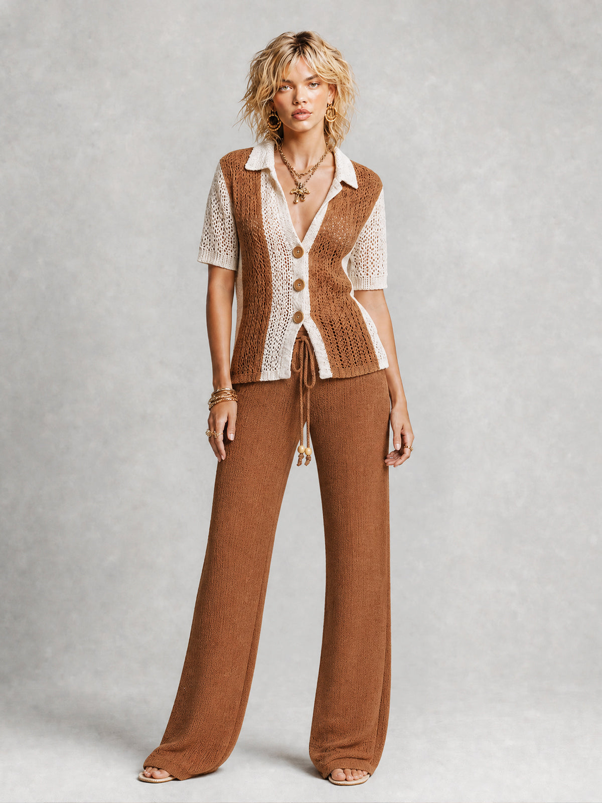 ElevenOra Chic White-Caramel Colorblock Lapel Short Sleeve Single Breasted Cardigan Top Straight-leg Pants Bead Details Regular-Fit  Knit Two-Piece Set