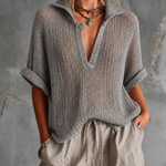 ElevenOra Chic Casual Dusty Grey Lapel-Collar V-Neck Button-Detail Half‑Sleeve Loose-Fit Mesh Knit Sweater Top