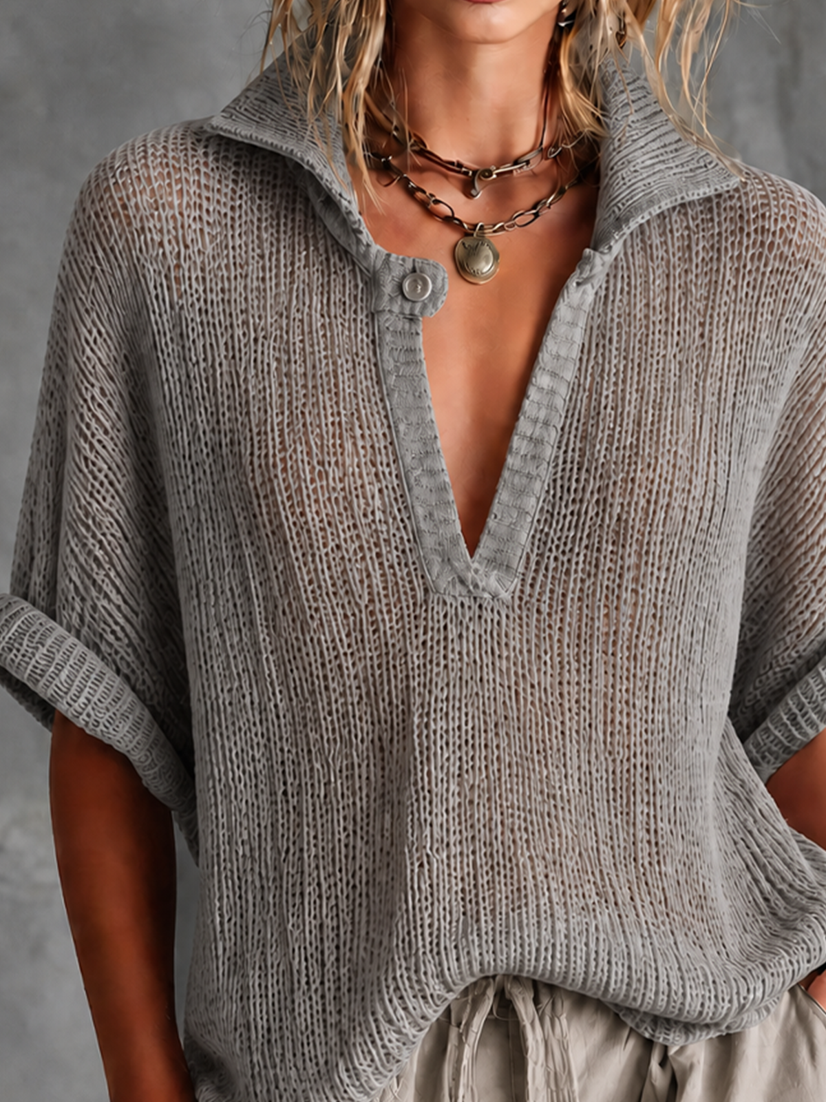 ElevenOra Chic Casual Dusty Grey Lapel-Collar V-Neck Button-Detail Half‑Sleeve Loose-Fit Mesh Knit Sweater Top