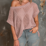 ElevenOra Chic Casual Dusty Pink Off‑Shoulder Diamond Open‑Work Jacquard Batwing Cap‑Sleeve Loose-Fit Knit Sweater Top