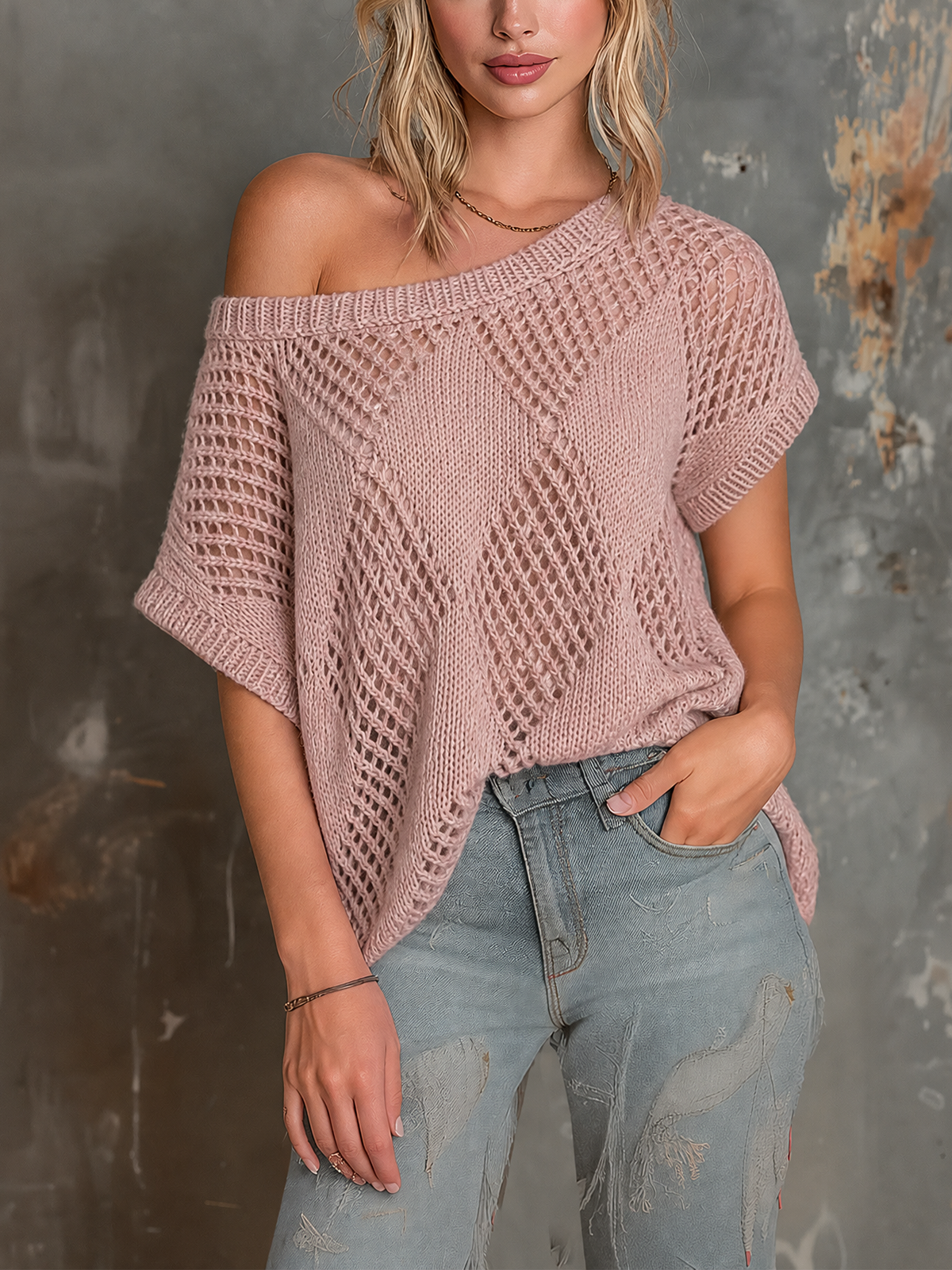 ElevenOra Chic Casual Dusty Pink Off‑Shoulder Diamond Open‑Work Jacquard Batwing Cap‑Sleeve Loose-Fit Knit Sweater Top