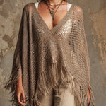 ElevenOra Chic Bohemian Metallic Taupe Deep V-Neck Cape Sleeve Fringe Loose-Fit  Mesh Knit Sweater Top