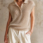 ElevenOra Chic Minimalist Beige Polo-Neck Sleeveless Button Details Loose-Fit Knit Top