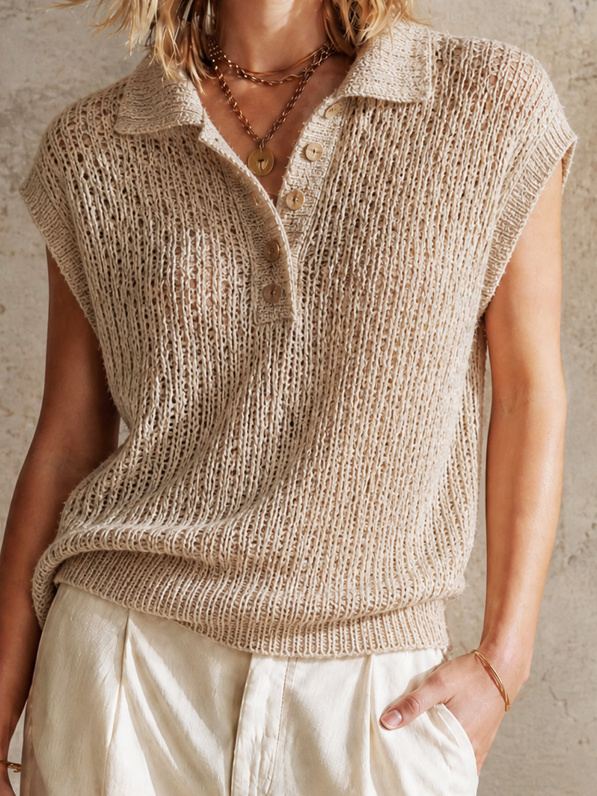 ElevenOra Chic Minimalist Beige Polo-Neck Sleeveless Button Details Loose-Fit Knit Top