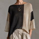 ElevenOra Chict Gold Black-Beige Colorblock Boat Neck Three Quarter Sleeve Loose-Fit Knit Sweater Top