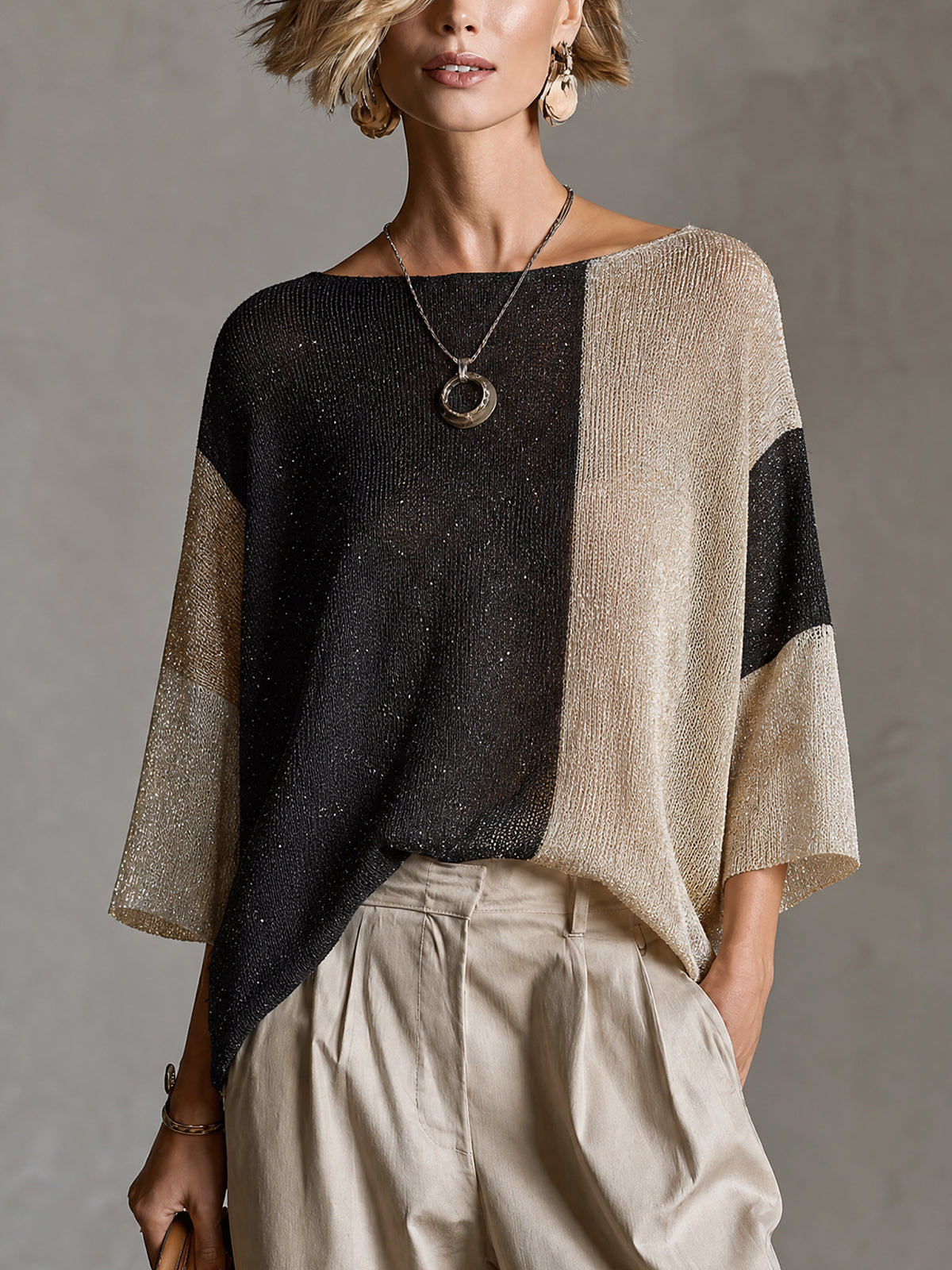 ElevenOra Chict Gold Black-Beige Colorblock Boat Neck Three Quarter Sleeve Loose-Fit Knit Sweater Top