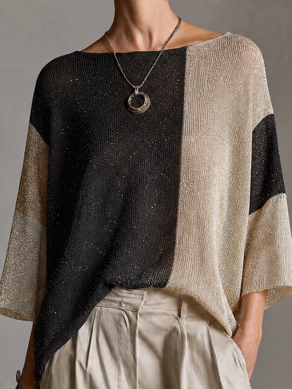 ElevenOra Chict Gold Black-Beige Colorblock Boat Neck Three Quarter Sleeve Loose-Fit Knit Sweater Top