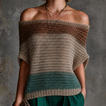 ElevenOra Chic Brown-Beige-Teal Colorblock Stripes Off-Shoulder Batwing Short Sleeve Loose-Fit Knit Sweater Top