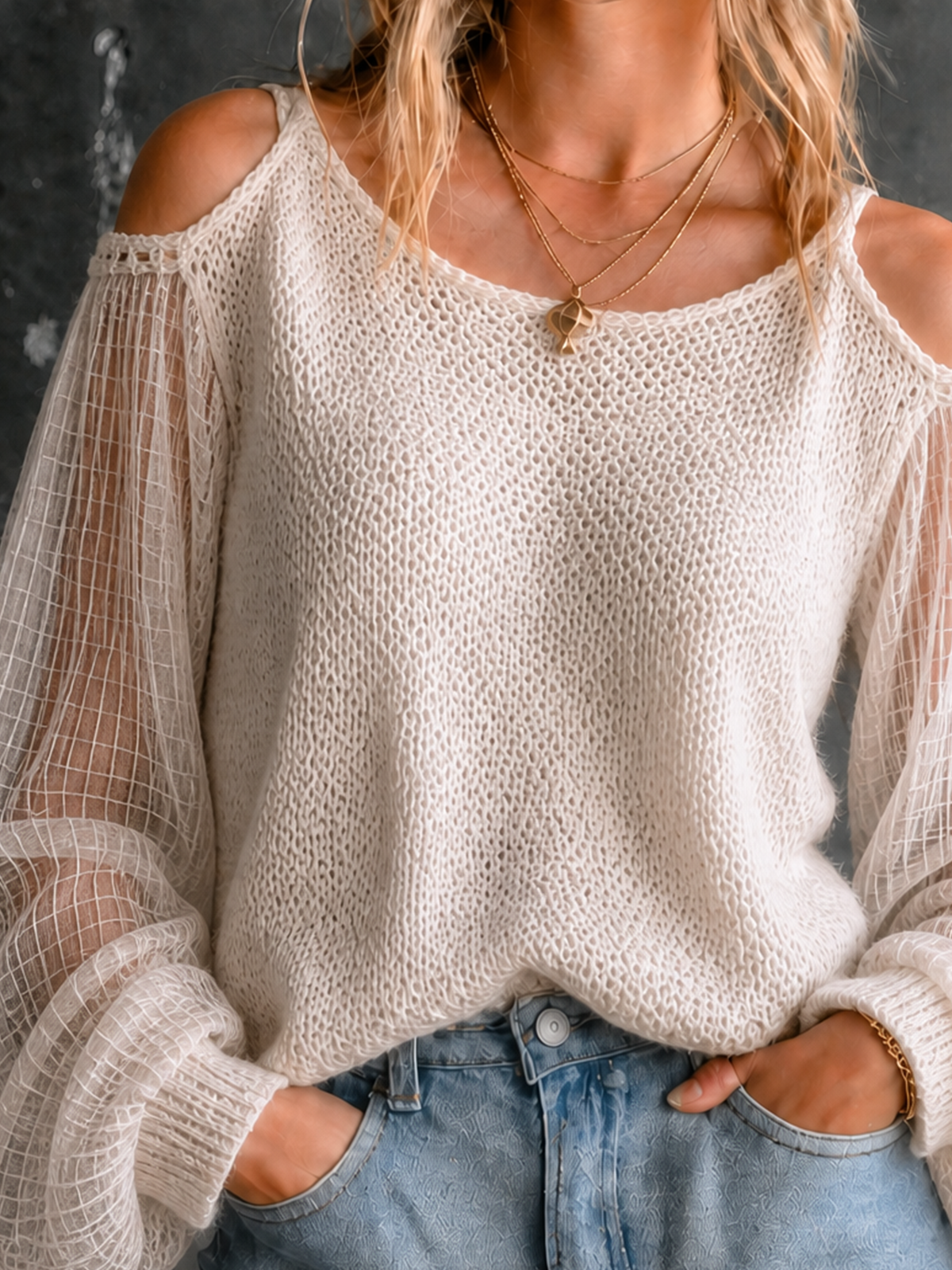 ElevenOra Chic Casual Off‑White Spaghetti Straps Cold Shoulder Sheer Grid‑Mesh Long Sleeve Loose-Fit Knit Sweater Top