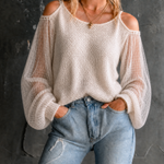 ElevenOra Chic Casual Off‑White Spaghetti Straps Cold Shoulder Sheer Grid‑Mesh Long Sleeve Loose-Fit Knit Sweater Top