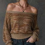ElevenOra Chic Brown-Gold Marled Gradient Stripes Off-Shoulder Long Sleeve Loose-Fit Knit Sweater Top