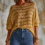 ElevenOra Chic Yellow Horizontal Stripes Boat Neck Long Sleeve Loose-Fit Sequin Mesh Knit Sweater Top