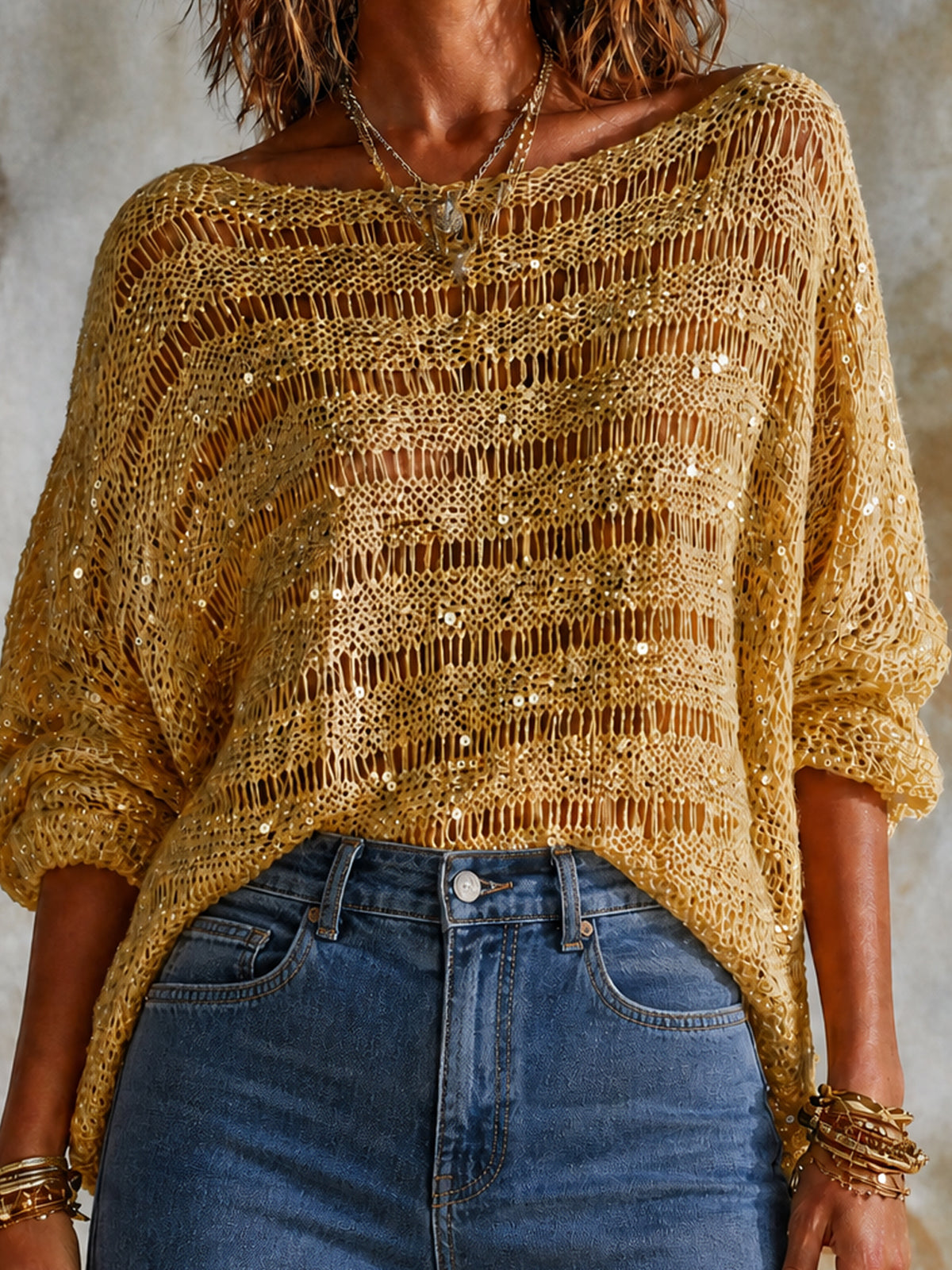ElevenOra Chic Yellow Horizontal Stripes Boat Neck Long Sleeve Loose-Fit Sequin Mesh Knit Sweater Top